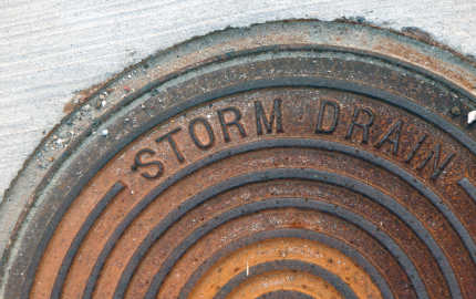 Metal storm drain cover in concrete.