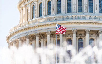One side of the dome on the U.S. Congress building with the U.S, flag flying on a flag pole.