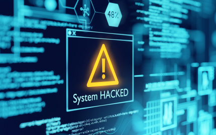 Computer screen showing a warning with a triangle and a exclamation point in the center under says system hacked.