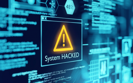 Computer screen showing a warning with a triangle and a exclamation point in the center under says system hacked.