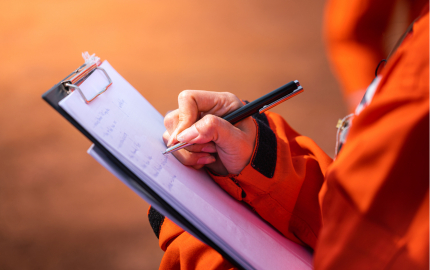 Person in orange jacket holding a clipboard taking notes.