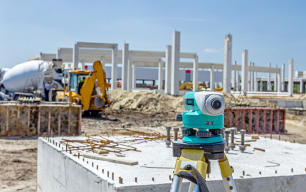 Geodesist device on tripod at a construction site.