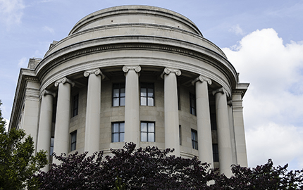 The rounded side of the Federal Trade Commission building.