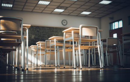 Classroom with desks and chairs.