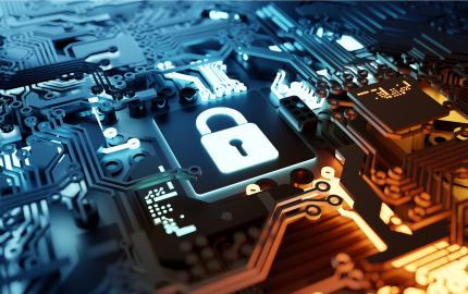 Lit up motherboard with one component depicting a pad lock.