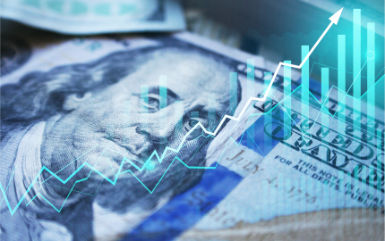 Benjamin Franklin from the $100 bill with bar and line graphs over top.