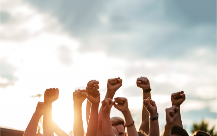 Fists raised in the air.