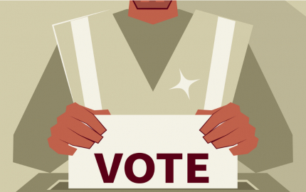 Person dropping voting ballot in ballot box.