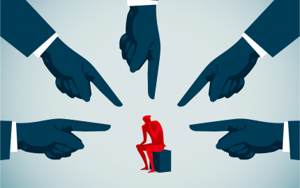 Blue hands pointing to a small red person sitting on a blue square.